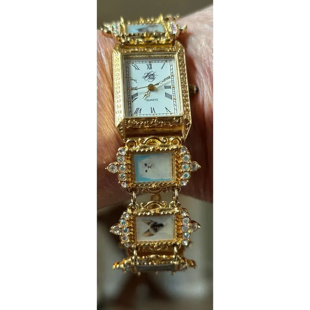 Rare VTG Kirks Folly Cat Portrait Gold Tone Bracelet Watch